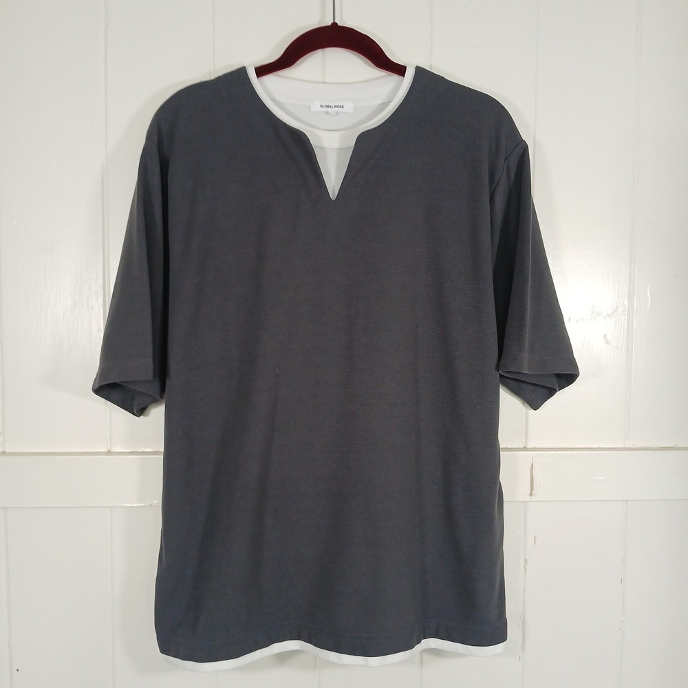 Global Work Layered T-Shirt Mens Size M Grey White Split Neck‎ GW232076AD